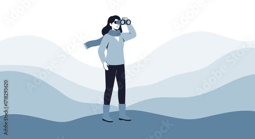 Observing The Horizon: A Woman Gazing With Binoculars, A Study In Calm