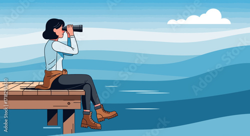 Observing The Horizon: A Woman Scoping With Binoculars Over Water And Sky
