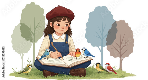Young Woman Sketching Birds in Nature, Illustration of a Peaceful Moment Amidst Flora