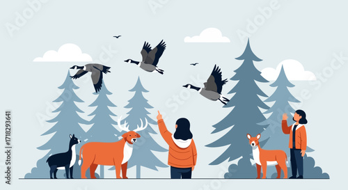 Observing The Majestic Flight Of Geese In The Serene Forest, With Appreciative Company