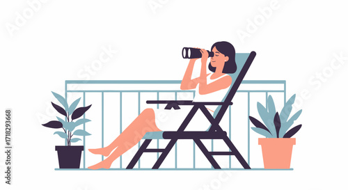 Observing The Horizon From The Balcony Vector Illustration On A Sunny Day