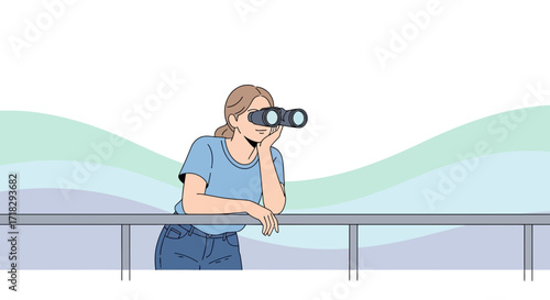 Observing The Horizon: Woman Using Binoculars Observing The Scenery From Balcony View