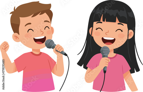 Cartoon kids singing with microphones, joyful children performance, happy duet illustration, music fun, colorful art, entertainment, school talent show