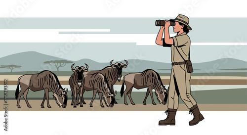 Observing The Wildebeest Herd In Its Natural Habitat With Binoculars In Hand