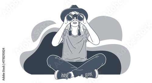 Observing The World: A Person With Binoculars Searching For Perspectives And Opportunities