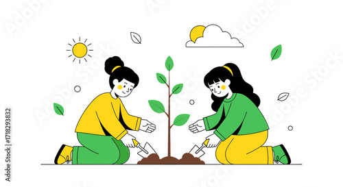 Young Women Planting A Tree Together In A Sunny, Eco-Friendly Environment