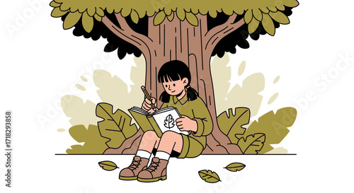 Young Writer Sketches Under A Majestic Tree Surrounded By Nature's Serenity