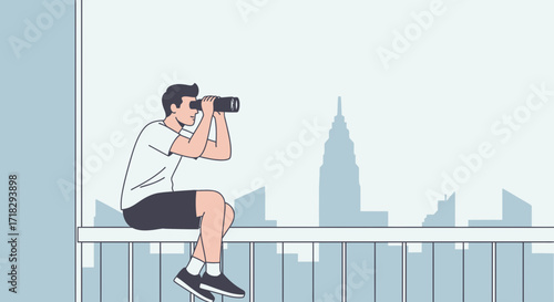 Observing Urban Landscapes: A Man Views City Scenery Through Binoculars on Balcony