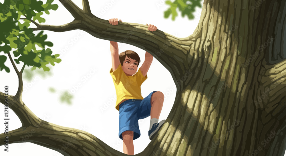 Naklejka premium Youngster Climbing A Tree Branch During A Sunny Day Depicting Playfulness And Adventure