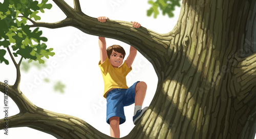Youngster Climbing A Tree Branch During A Sunny Day Depicting Playfulness And Adventure