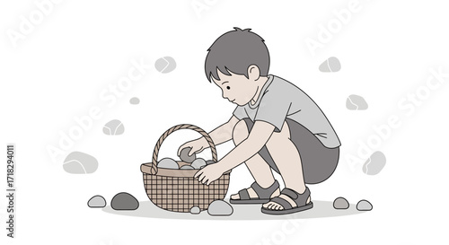 Youngster Collecting Rocks on Shoreline into Basket on a Bright Sunny Summer Day