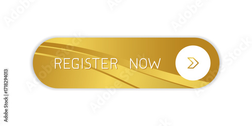 Modern golden rounded CTA button with shine, "Register now" text, arrow icon, abstract background, web UI element for landing pages, mobile apps or banners.