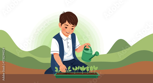 Youngster Cultivating Greenery: Nurturing Plants with Care and Enthusiasm in Garden