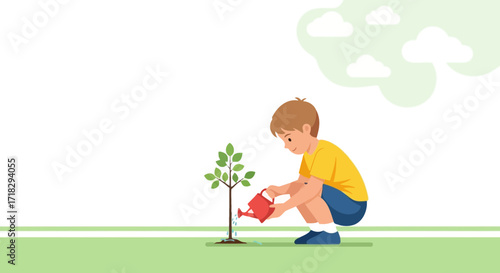 Youngster Diligently Waters a Sapling in a Pastoral Environment, Nurturing Growth.