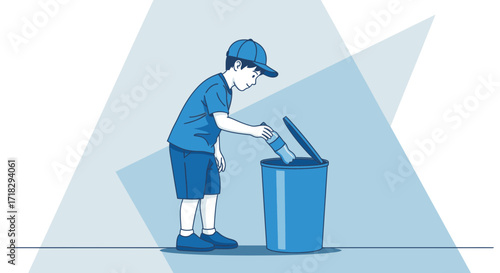 Youngster Disposing Of Plastic Bottle Into Recycle Bin For Environmental Protection