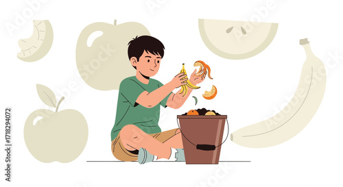 Youngster Disposing Food Scraps For Composting, Embracing Environmentally-Friendly Disposal