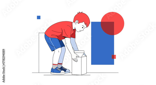 Youngster Engaging With Packaging, Showing A Focus In A Clean, Minimalistic Illustration