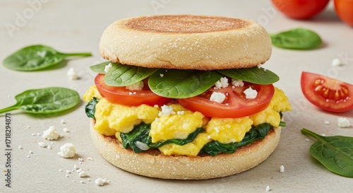 Wallpaper Mural A breakfast sandwich with scrambled eggs, spinach, tomato, and feta cheese on an English muffin, with loose spinach leaves and feta crumbles around it. Torontodigital.ca
