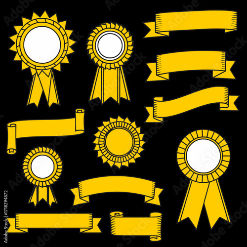 Gold Award rosettes frames and blank banners icon isolated set