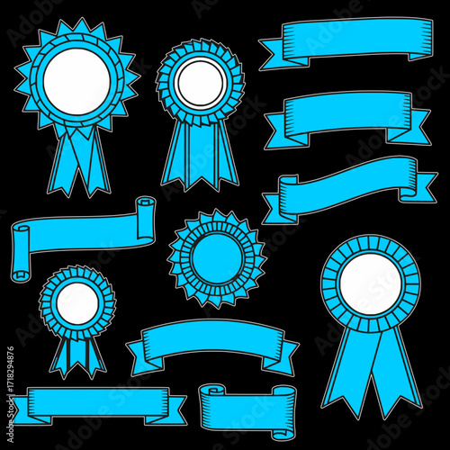 Blue award rosettes frames and blank banners icon isolated set