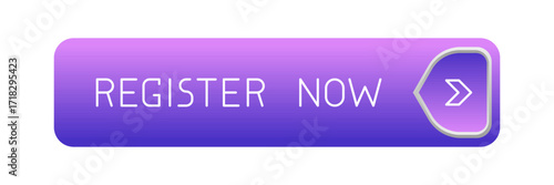 Modern purple rounded CTA button with shine, "Register now" text, arrow icon, 3D effect, web UI element for landing pages, mobile apps or banners.