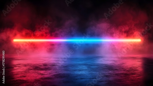 A vibrant neon light display, showcasing a horizontal line of contrasting blue and orange colors, casting dramatic hues across a textured surface.