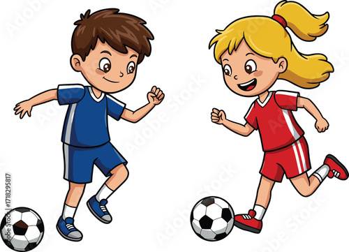 Cartoon, children, playing, soccer, active, kids, sports, teamwork, fun, outdoor, game, football, illustration, dynamic, movement, energy, red, blue, uniforms, dribbling