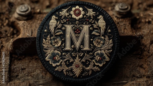 Vintage floral monogram m logo design antique golden letter ornate badge emblem luxury decoration symbol art