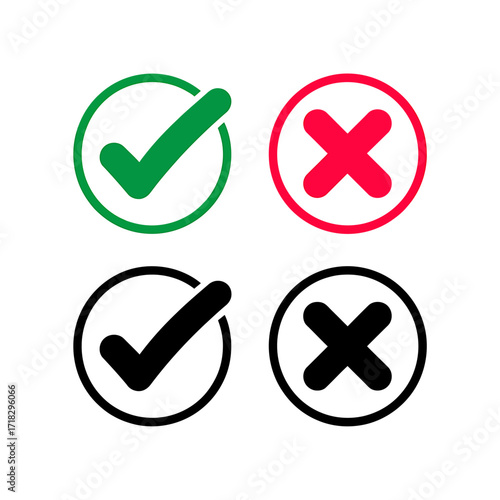Check mark and X icon set representing agreement acceptance and rejection for web design and user interface
