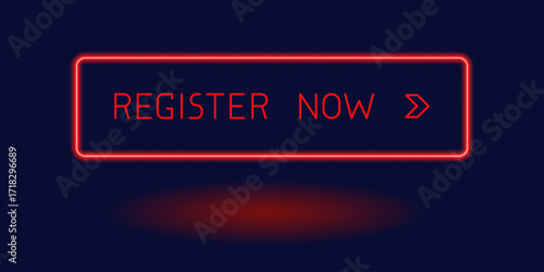 Modern neon red CTA button with shine, "Register now" text, arrow icon, 3D effect, web UI element for landing pages, mobile apps or banners.