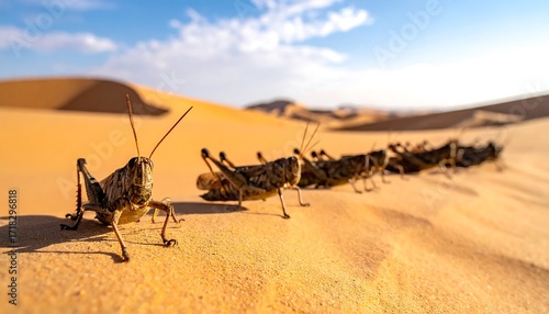 Fototapeta Naklejka Na Ścianę i Meble -  Desert locusts marching across sand dunes