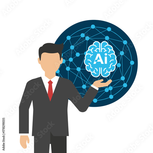 A digital human brain, powered by automated machine learning language and set against a businessman’s hand background, while cybersecurity and computer vision in the metaverse twin propel an