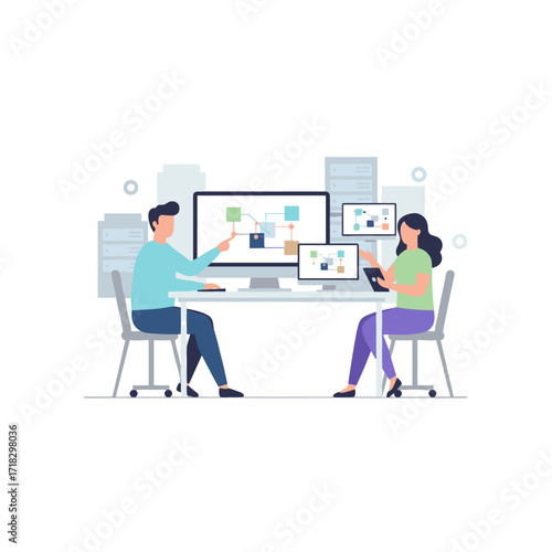 A minimalist depiction of two individuals working on computers in a cybersecurity department illuminated by blue lights