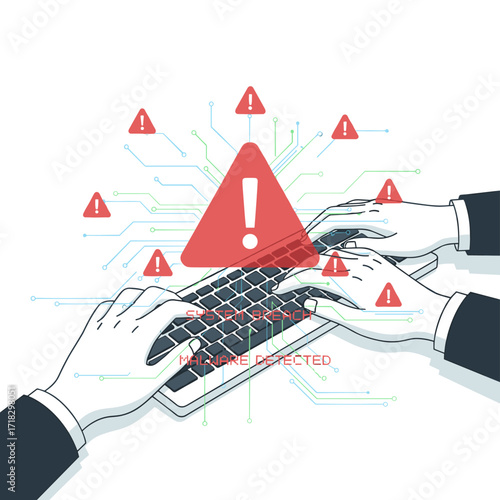 A cybersecurity alert, highlighted in red, warns of data breaches, network threats, and system vulnerabilities, emphasizing security risks, caution, and digital protection