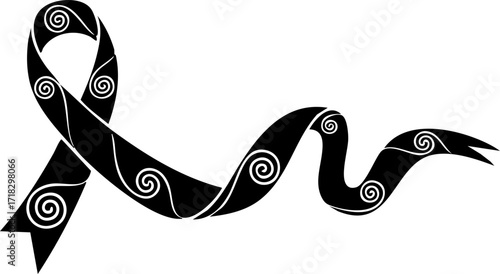 Bild auf Leinwand Elegant black ribbon with swirling white patterns symbolizes remembrance, support, and solemn occasions, conveying deep emotion and respect
