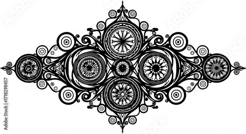 Intricate black ornamental flourish with symmetrical circular patterns, evoking classic elegance and sophisticated design for decorative projects.
