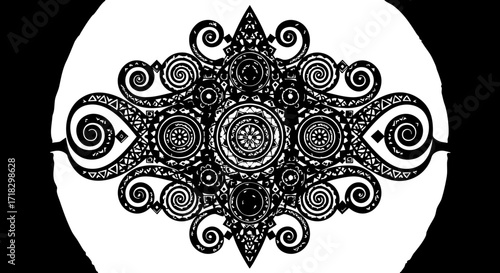 Intricate black and white tribal mandala pattern with swirling organic motifs and geometric symmetry, evoking ancient artistry and spiritual design