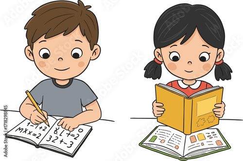 Children learning, education concept, boy writing, girl reading, school activity, childhood development, concentration, study time, classroom, early learning, homework