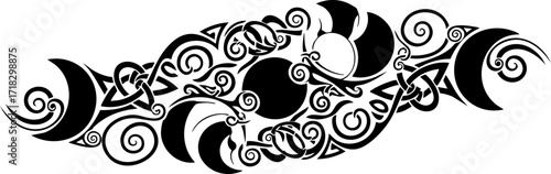 Intricate celestial design featuring moon phases and Celtic knotwork, perfect for mystical, spiritual, or artistic projects, offering a sense of balance.