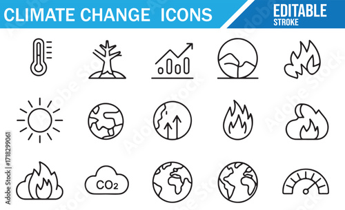 Stroke glyph icons of warming, melting, and environmental impact for awareness design