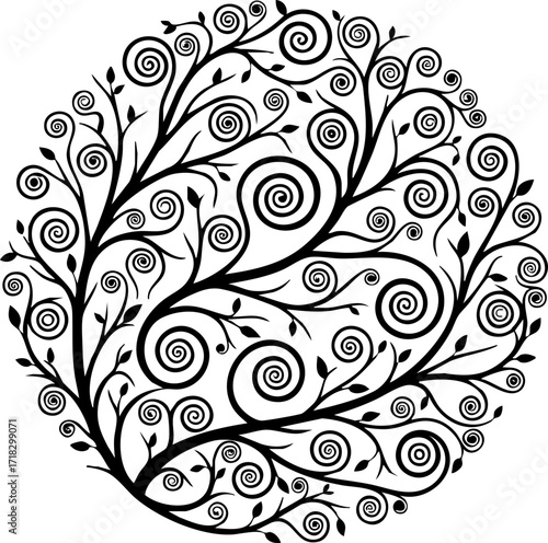 Elegant swirling tree design with intricate details perfect for invitations, logos, branding, and sophisticated visual projects needing a natural touch.