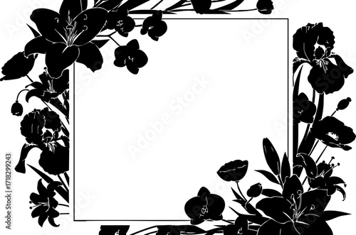 Elegant floral frame with lilies and irises, perfect for wedding invitations, announcements, or sophisticated designs, creating a refined aesthetic.