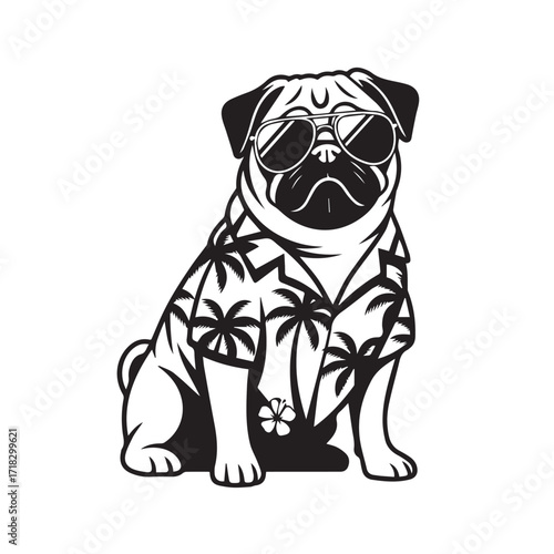  Pug Dog in a Hawaiian Shirt and Sunglasses