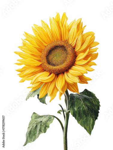PNG Of Bright yellow sunflower blooms majestically against a soft background, showcasing its vibrant petals and green leaves.