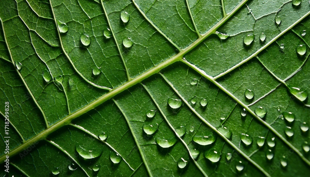 Fototapeta premium Vivid Natural Texture Of Wet Green Leaf With Veins Minimalist Nature Background With Dew Drops On Green Leaf Surface Beautiful Minimal Backdrop With Droplets On Leaf In Macro Nature Texture Of Leaf