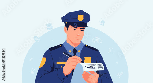 Officer Issuing A Fine Writing A Traffic Ticket Law Enforcement Illustration