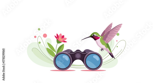 Ornithological Observation: Vibrant Hummingbird Examines Binoculars Near Blooming Flora
