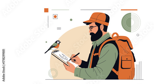 Ornithologist Drawing Bird Sketching, Birdwatching Hobby, Nature Art and Conservation