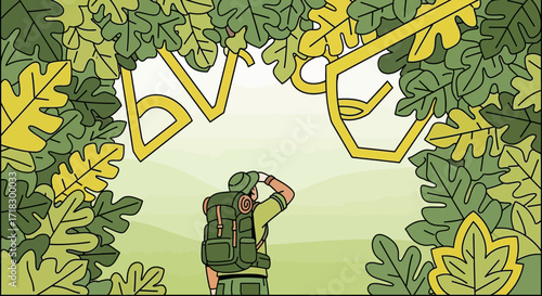 Outdoor Explorer Gazing Upwards Amongst Lush Foliage, Finding Direction And Destination