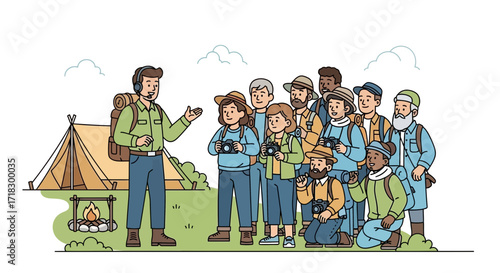 Outdoors Expedition: Guided Hike Adventure Depicting Group Exploring Nature and Photography